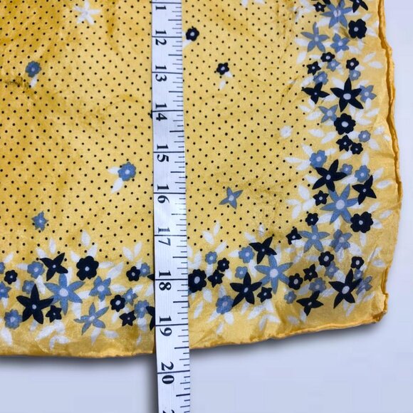Yellow Silk Square Scarf Blue Floral Polka Dot Print | 20"x19" - Picture 3 of 6